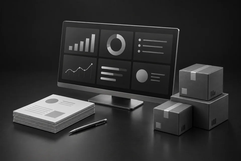 A business management dashboard alongside documents and parcels.