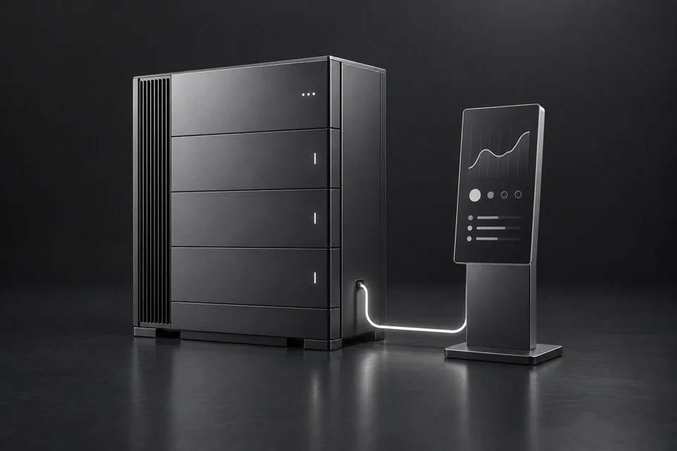 A battery storage system connected to a monitoring dashboard.