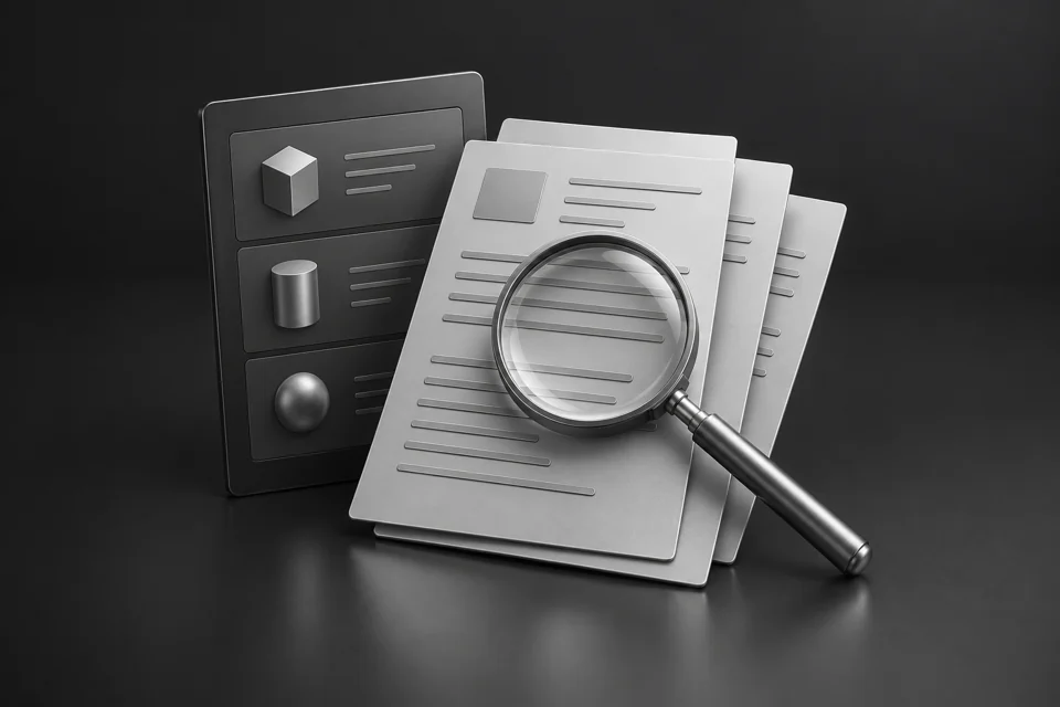 Documents, a magnifying glass and an information analysis dashboard.
