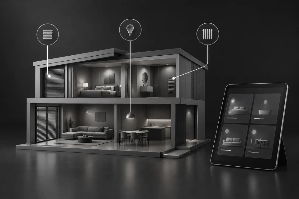 A cutaway view of a home with room, lighting and heating controls.