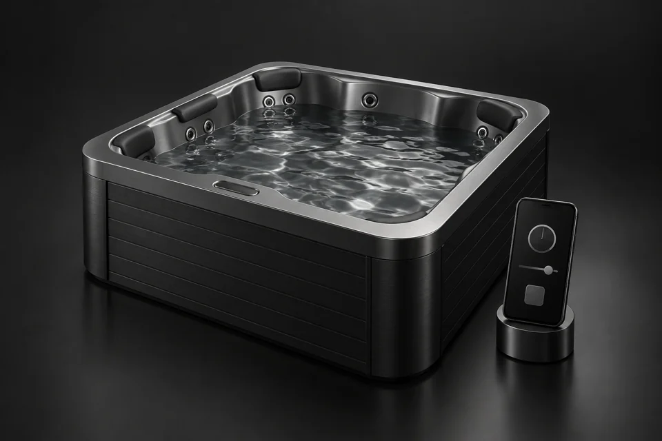 A hot tub connected to a mobile control panel.