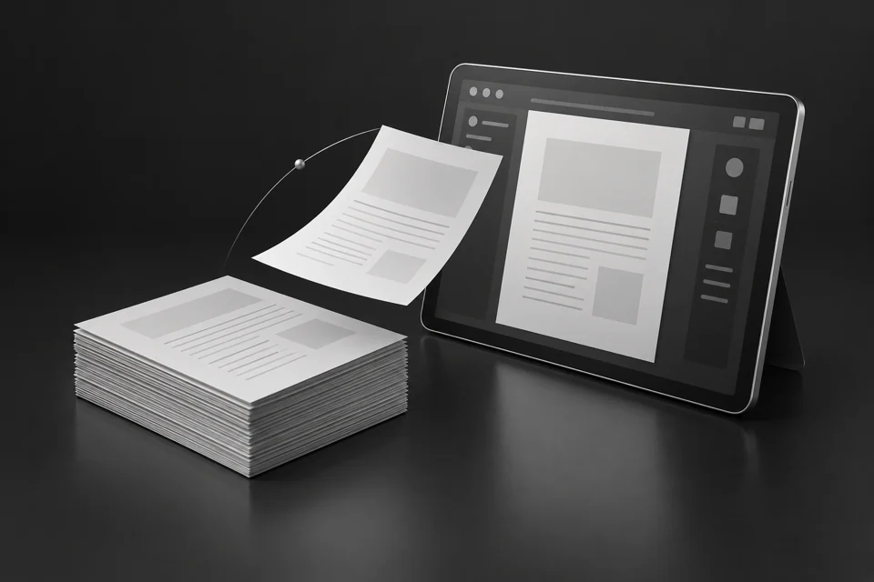 A document editor and neatly arranged PDF pages.