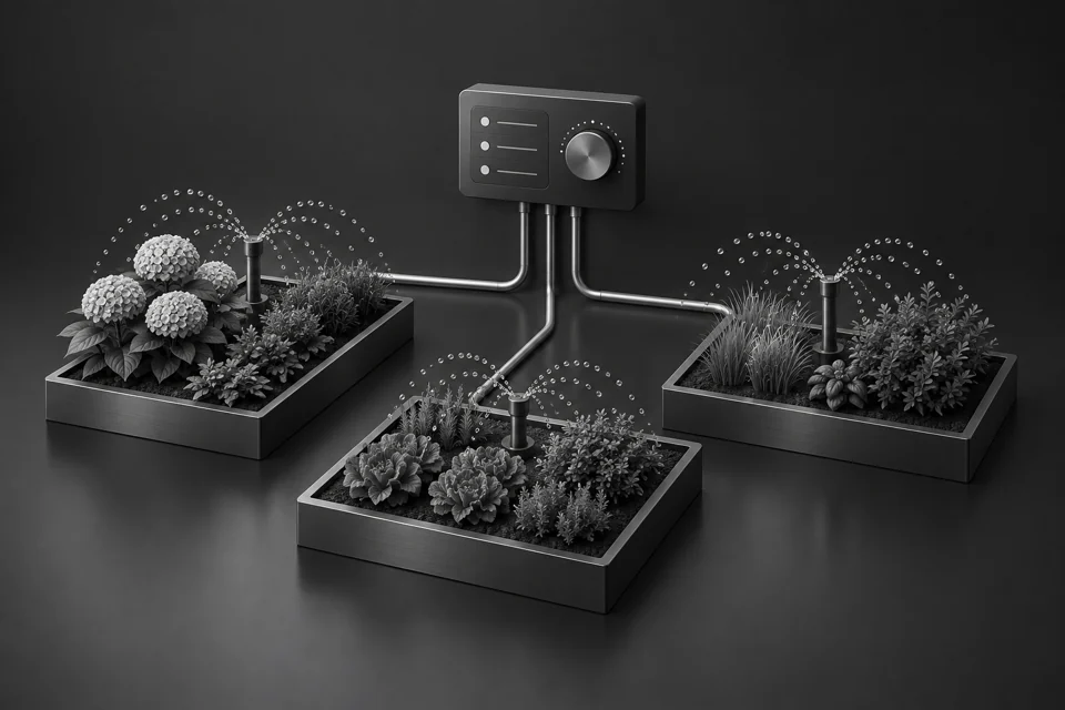 Three garden zones watered by a connected irrigation system.