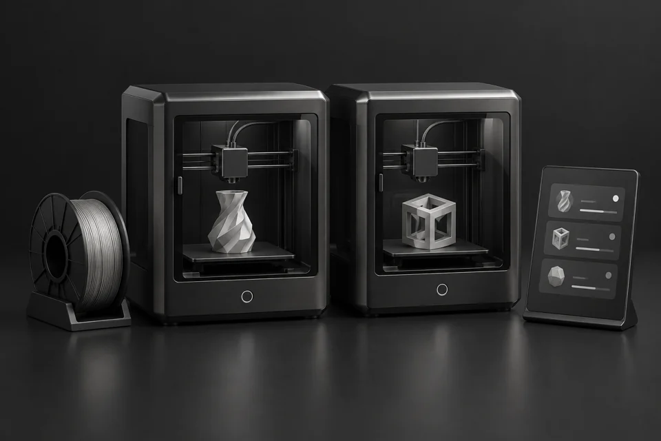 Two 3D printers, filament and a print queue dashboard.