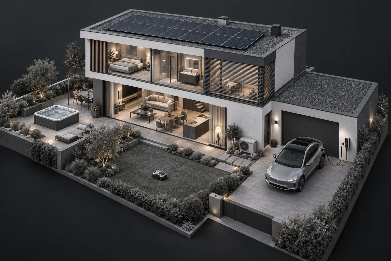 Concept of a smart home with solar PV, an electric car, a heat pump and a hot tub.